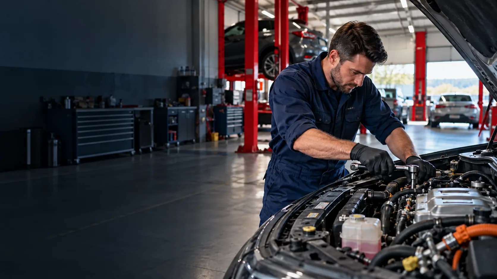 Mechanic performing mechanical repairs at workshop
