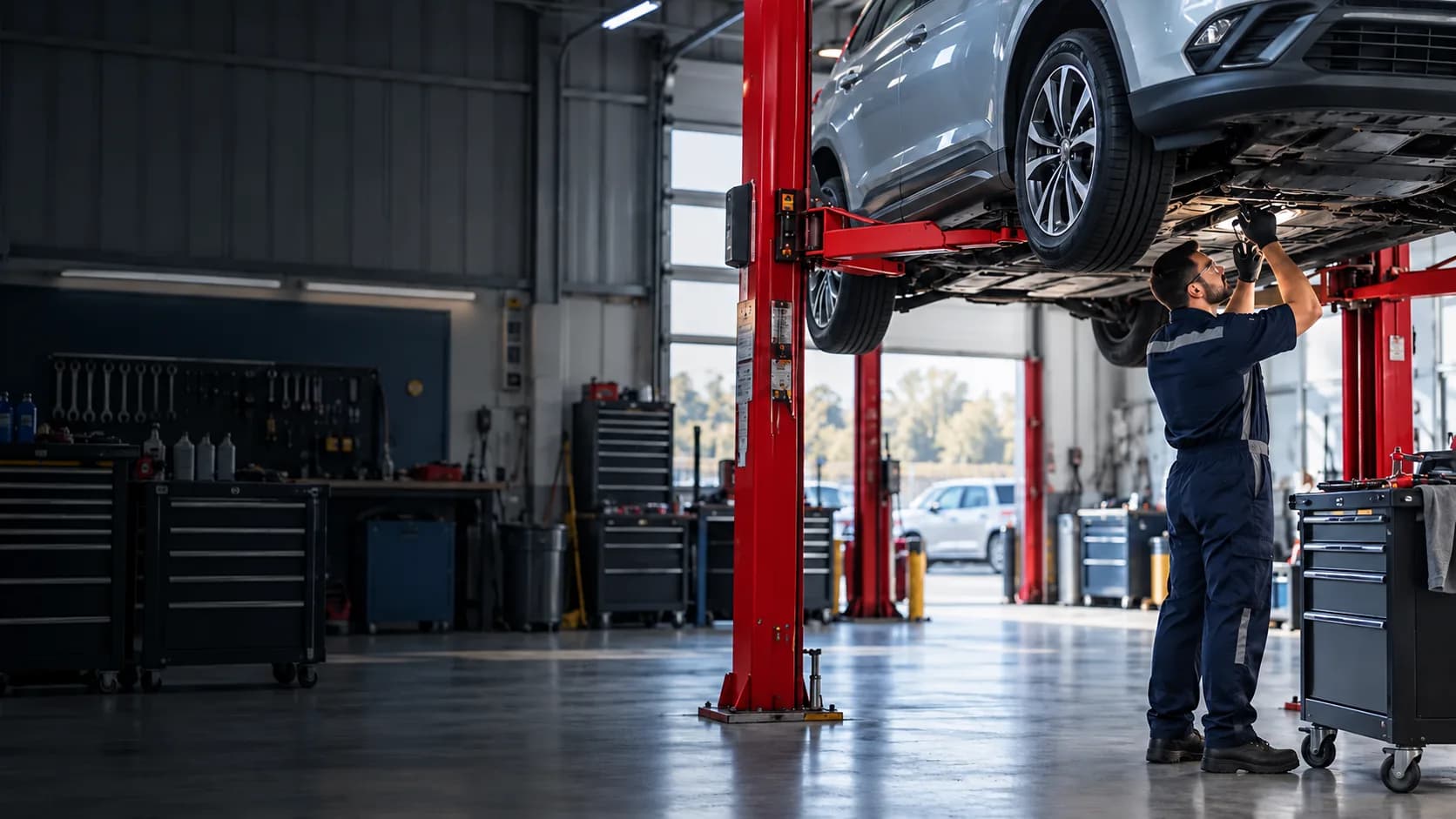 Technician inspecting a vehicle on a workshop lift