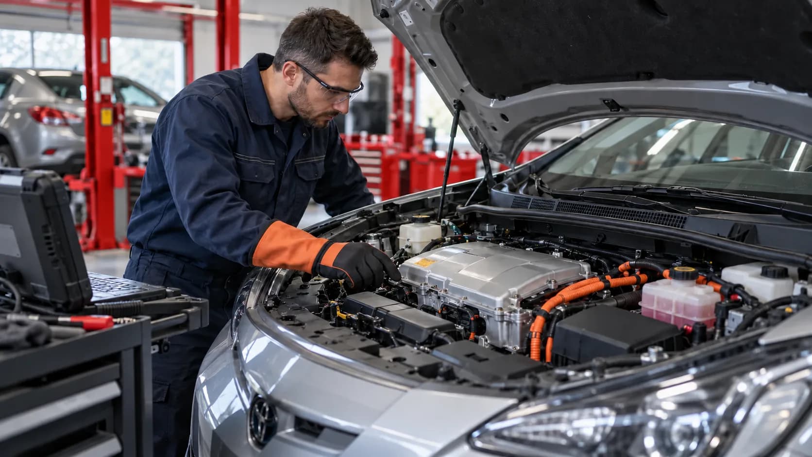 Technician checking a hybrid vehicle electrical system