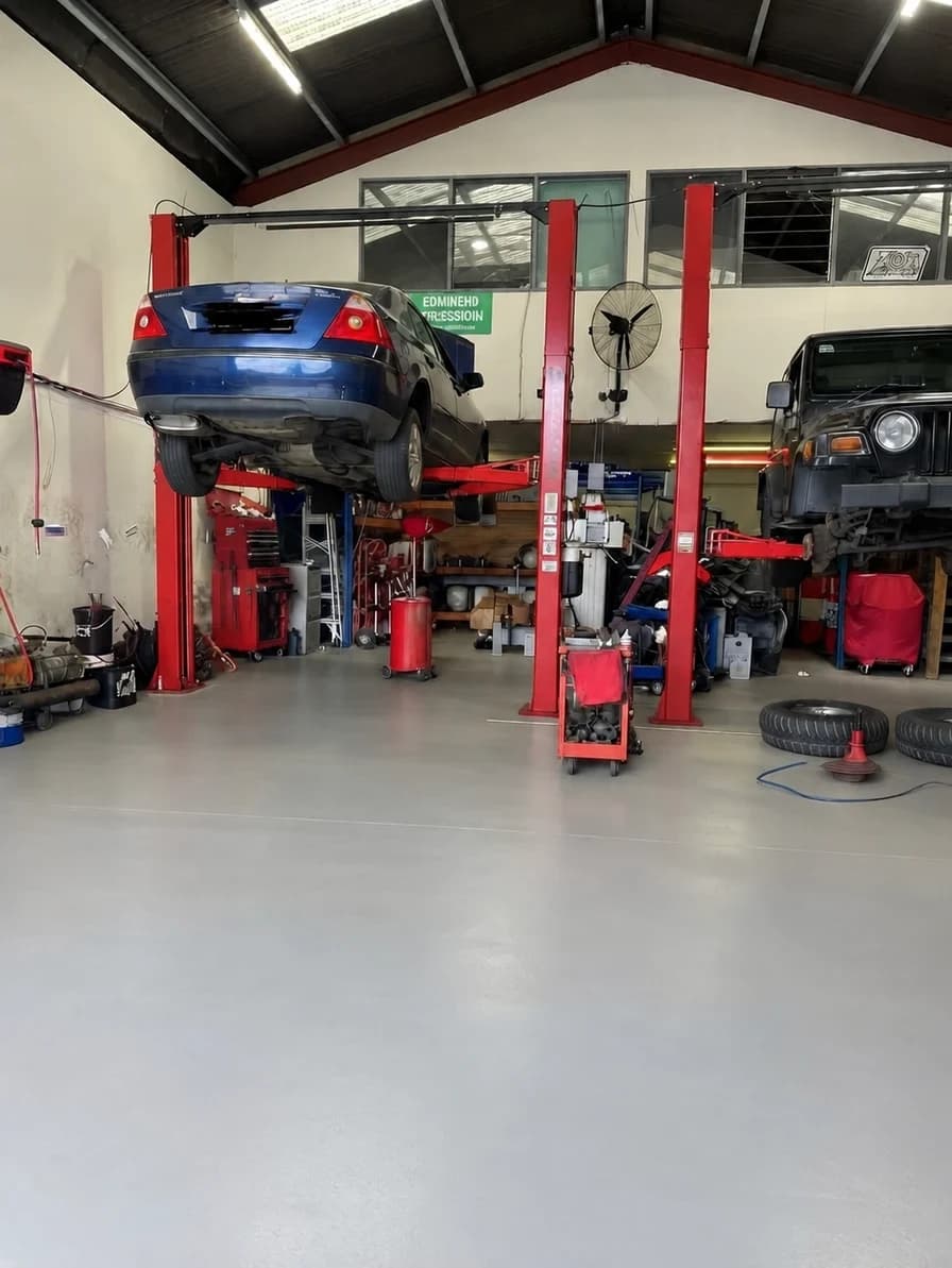 Vehicles on workshop lifts inside 313 Motors