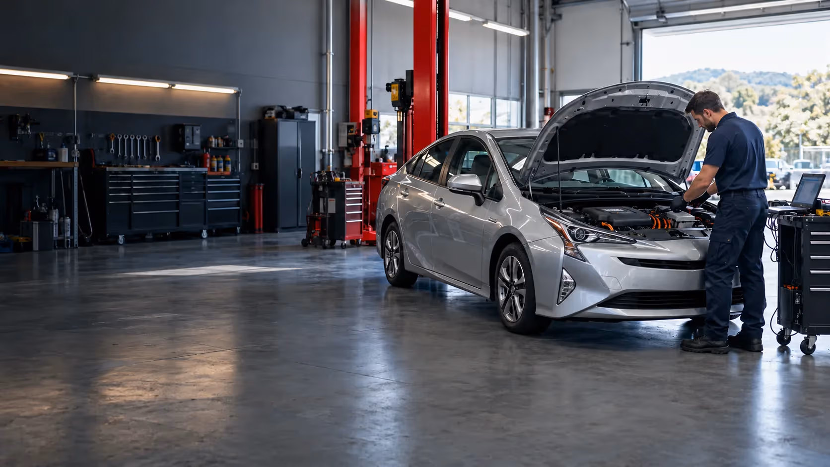 Hybrid vehicle being inspected in an automotive workshop