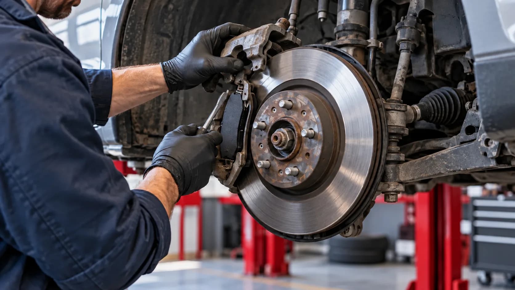 Brake disc and caliper being serviced with the wheel removed