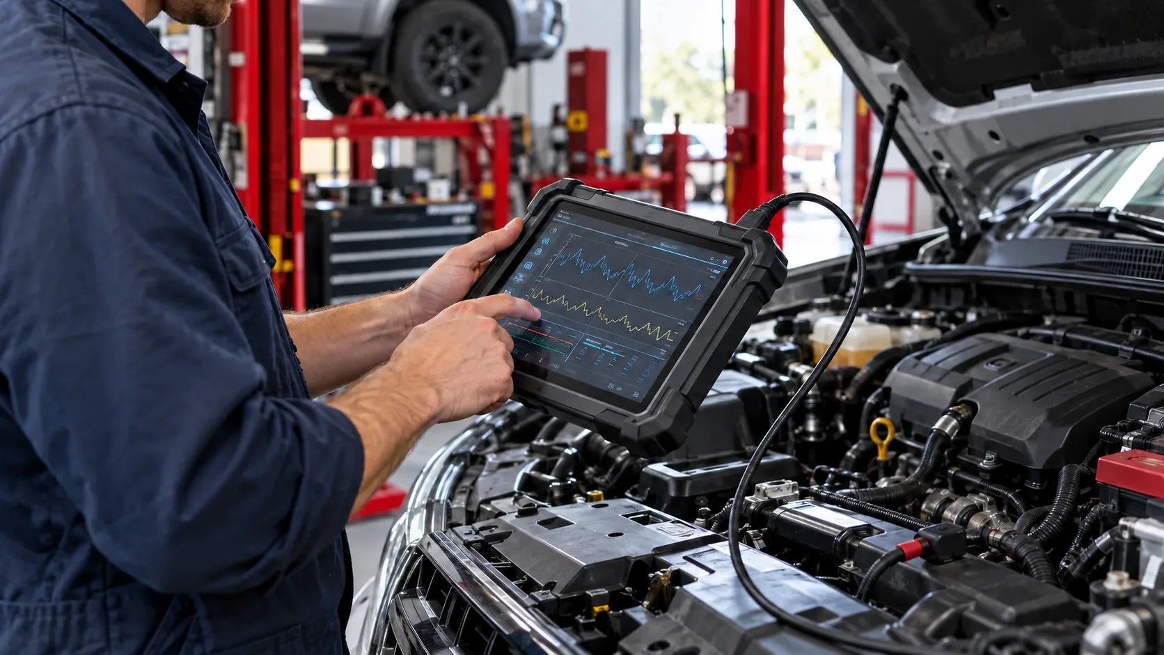 Diagnostic tablet being used beside an open engine bay