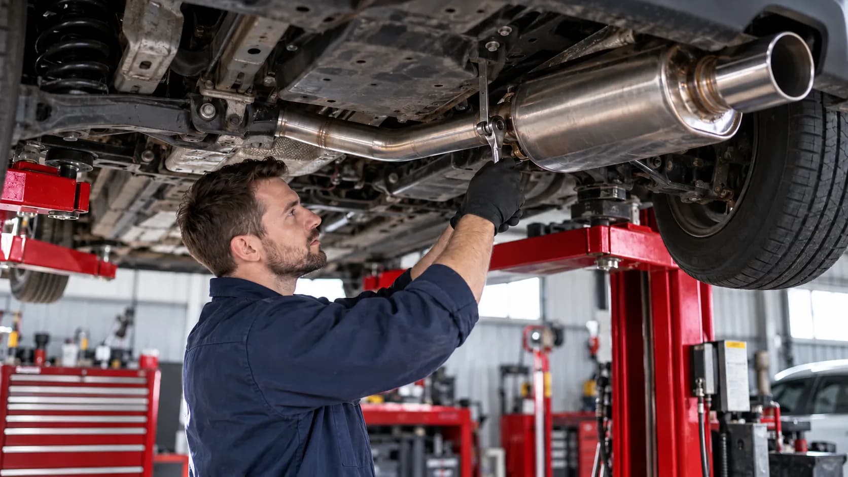 Technician inspecting a vehicle exhaust system