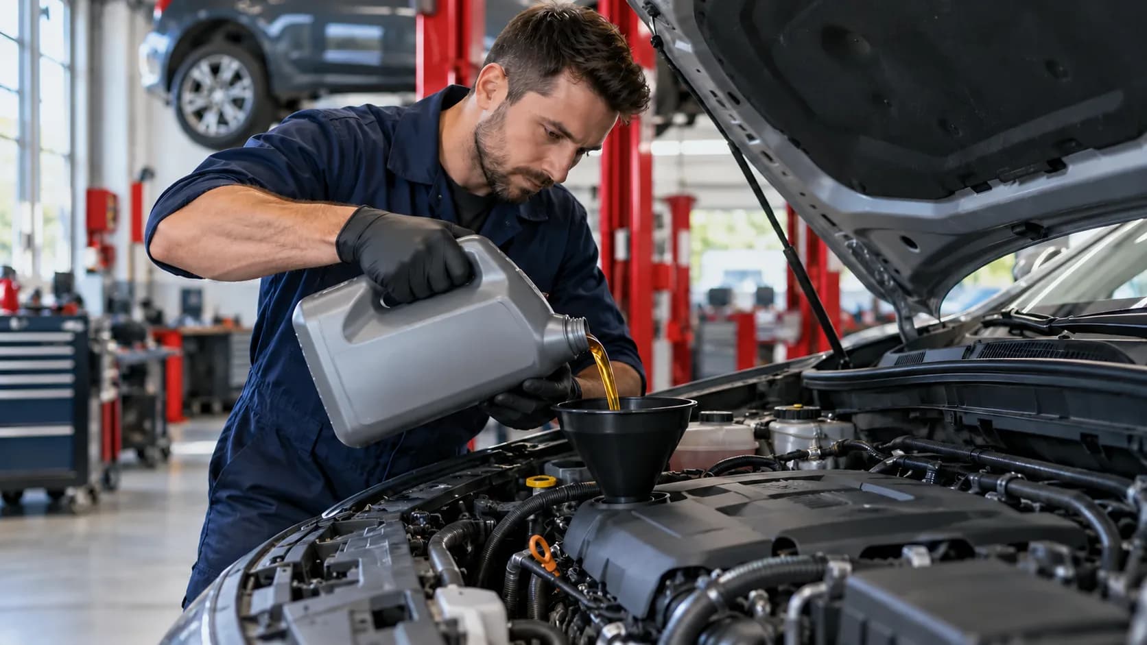 Technician adding fresh engine oil during a vehicle service